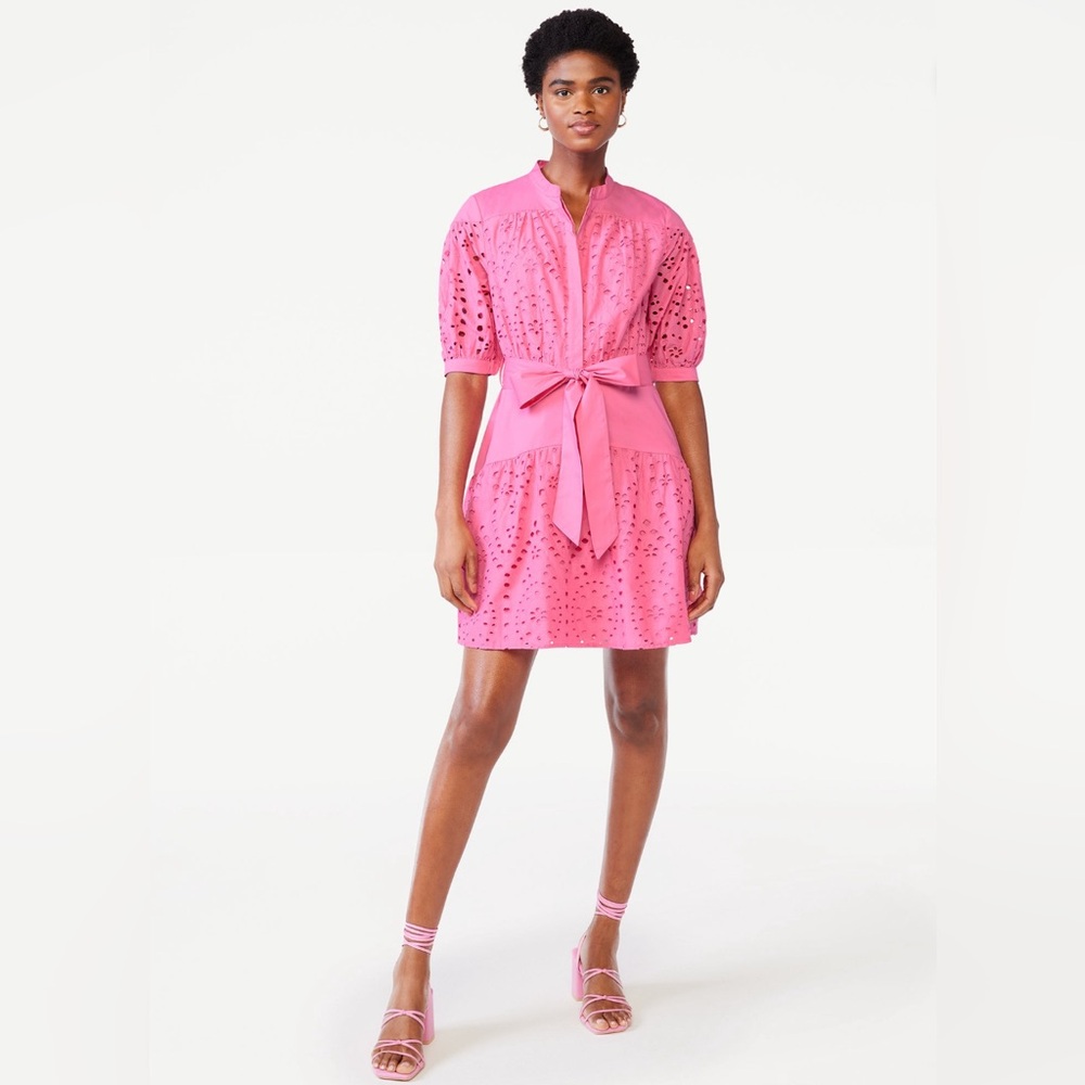 Scoop Pink Eyelet Belted Shirt Dress Size S (4–6) NWT